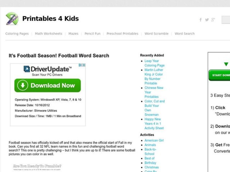 Football Word Search Worksheet