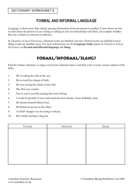 Formal and Informal Language Worksheet