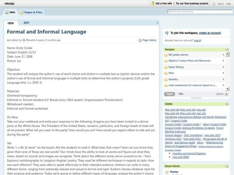 Formal and Informal Language Lesson Plan