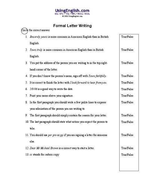 Formal Letter Writing Worksheet