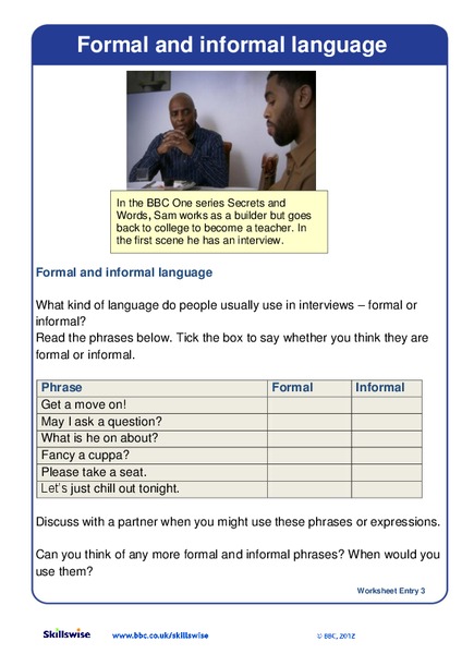 Formal and Informal Language Worksheet