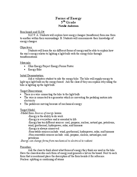 Forms of Energy Lesson Plan