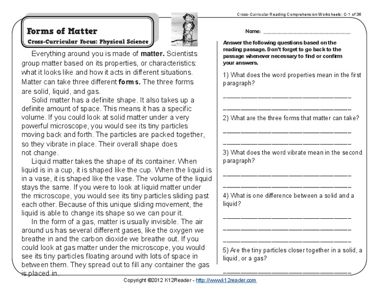 Forms of Matter Worksheet