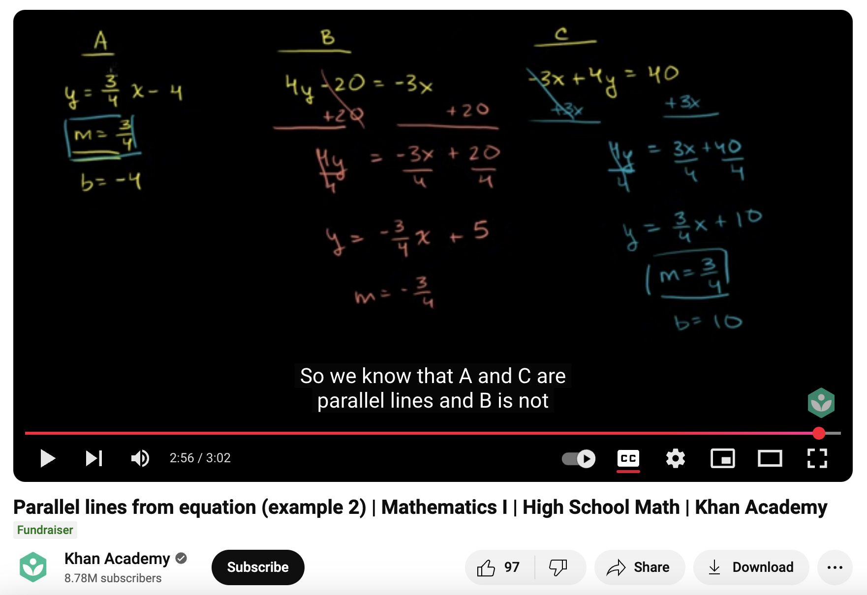 Parallel Lines from Equation (Example 2), Mathematics I Instructional Video