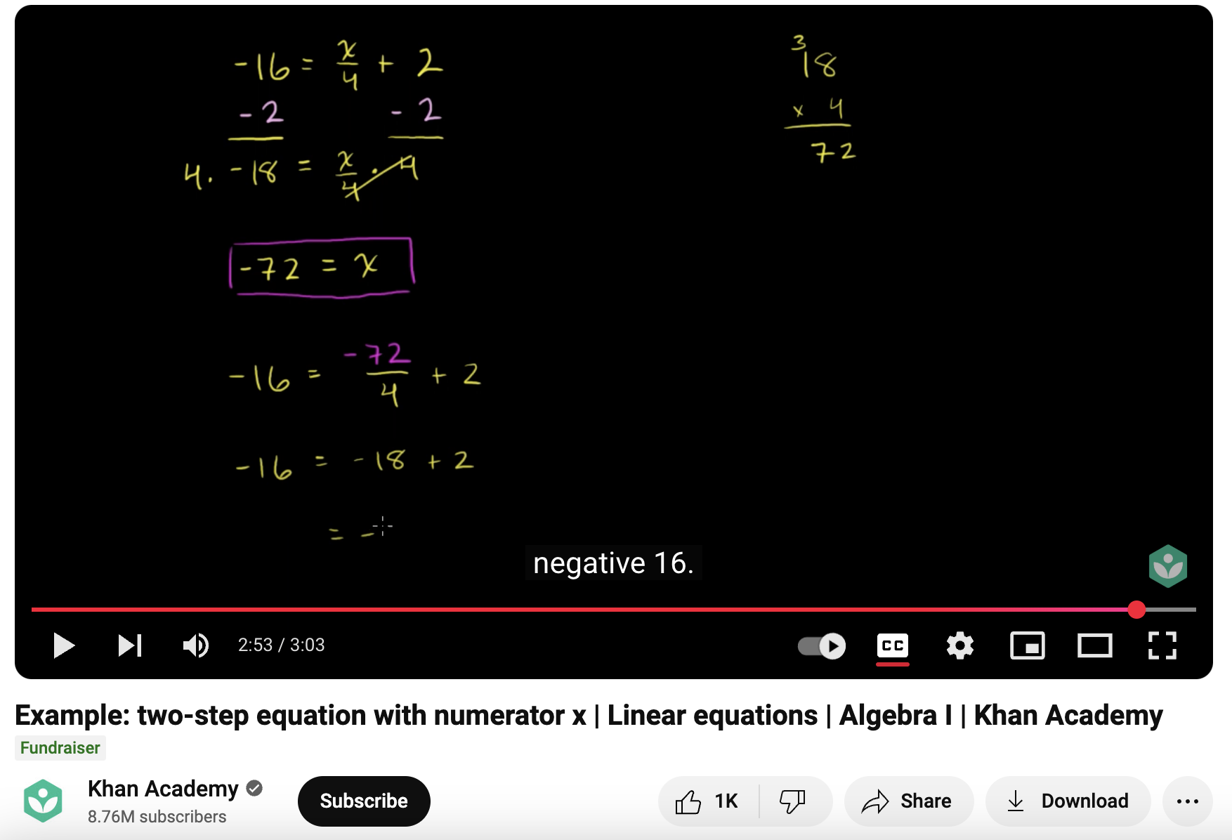 Example: Two-Step Equation with Numerator , Linear Equations, Algebra I Instructional Video