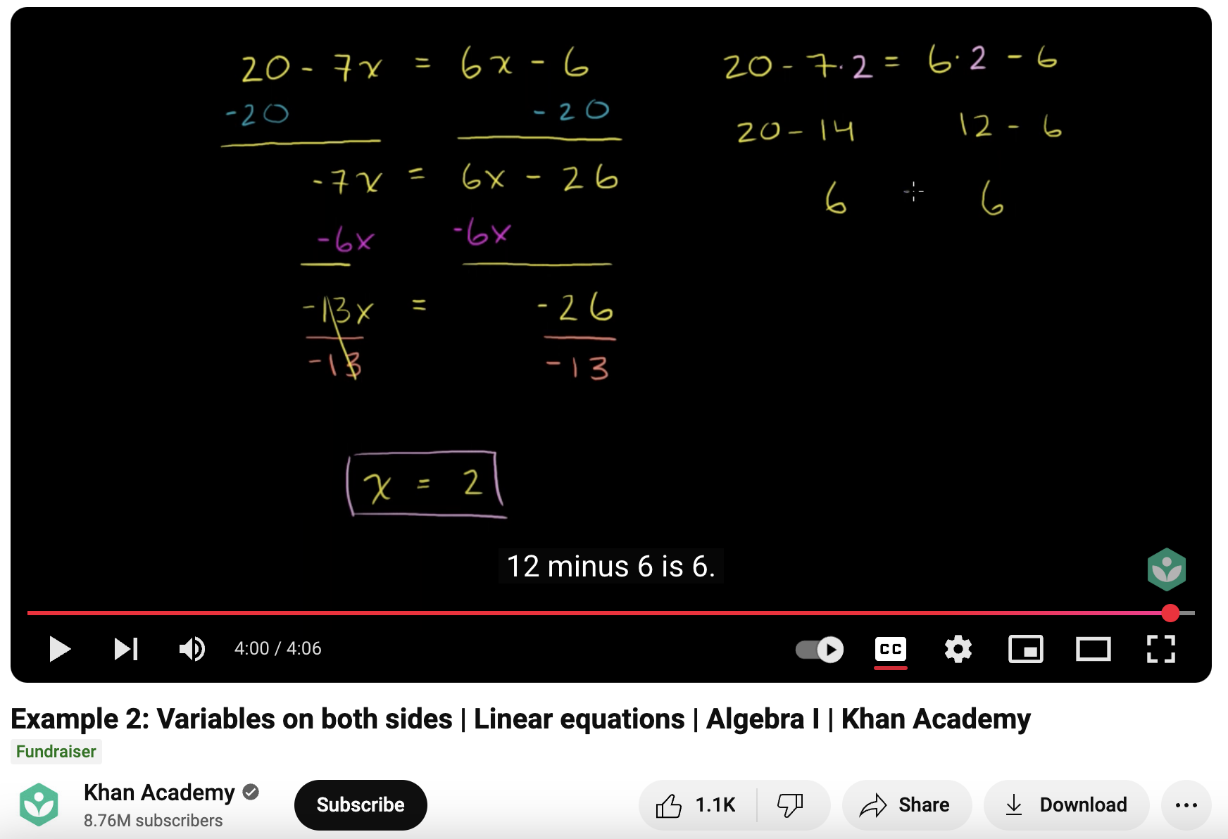 Example 2: Variables on Both Sides, Linear Equations, Algebra I Instructional Video
