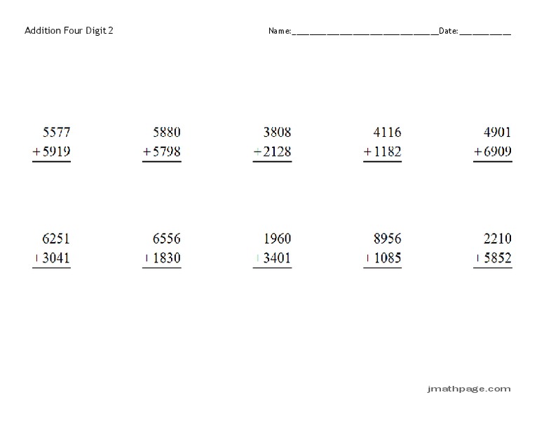 Four Digit Addition with Regrouping Worksheet