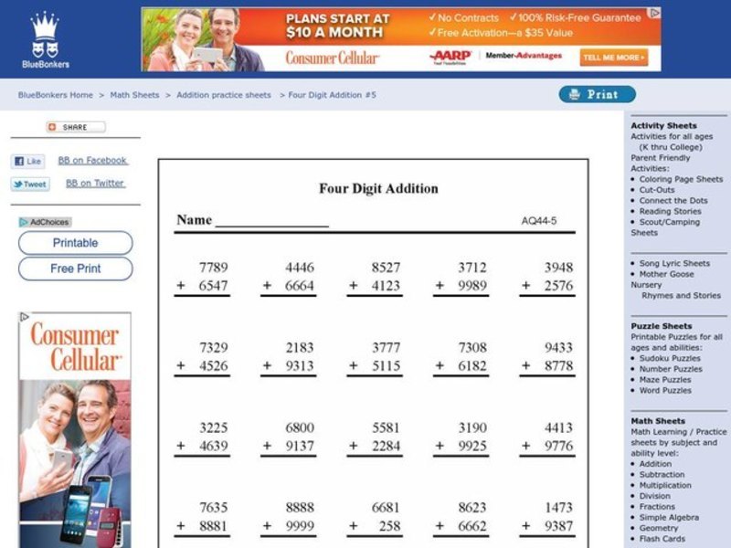 four digit addition Worksheet