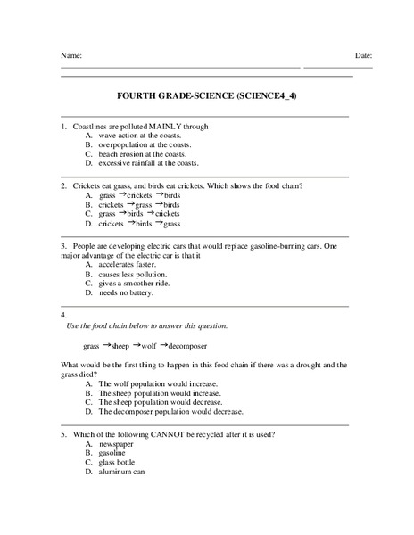 Fourth Grade Science Worksheet