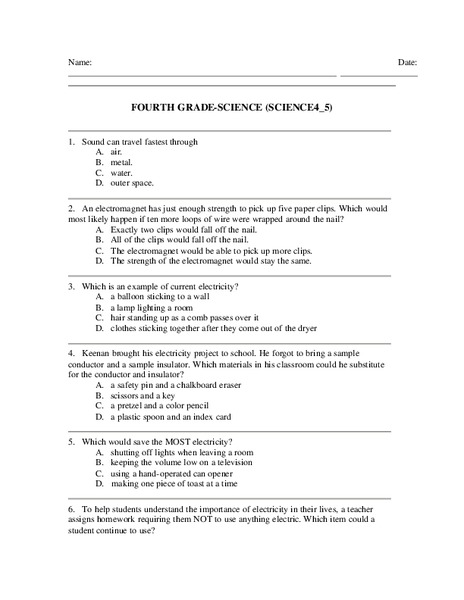 Fourth Grade Science Worksheet