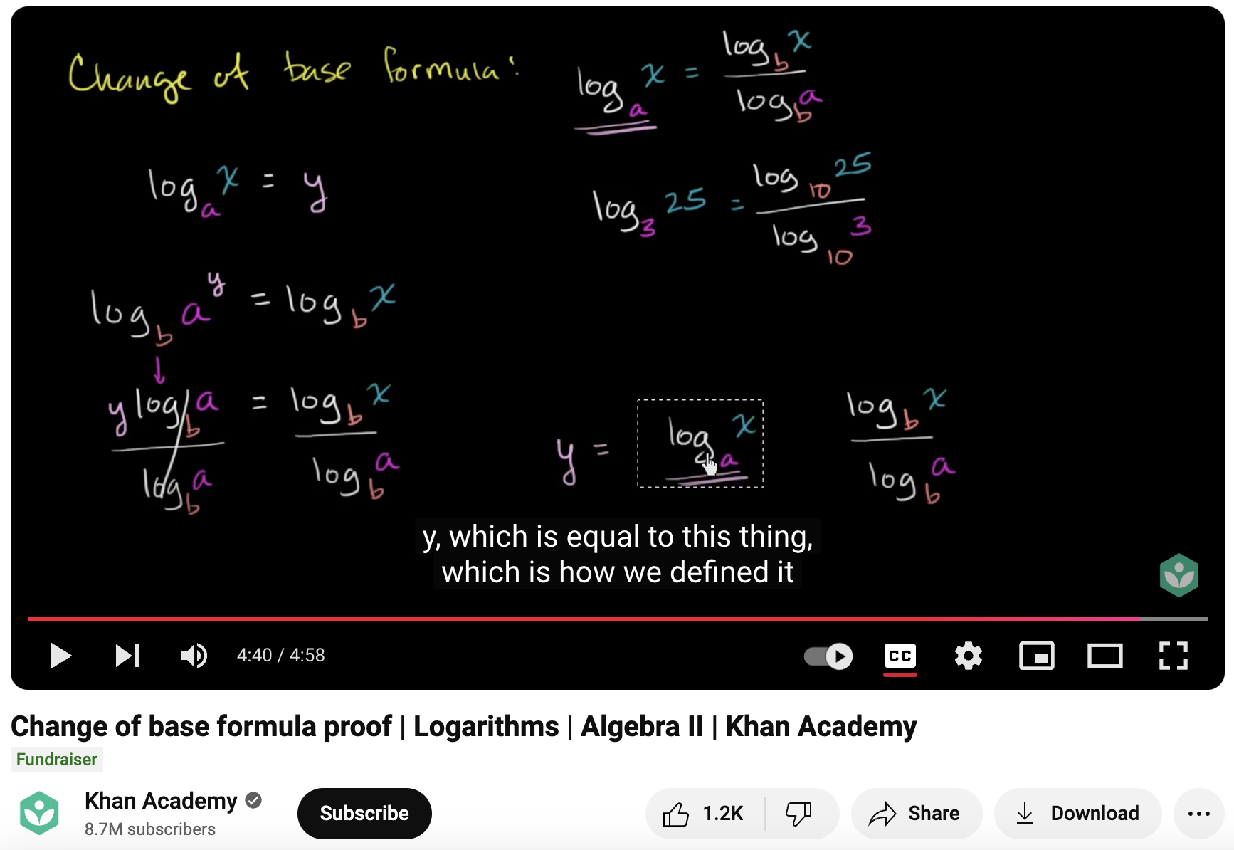 Change of Base Formula Proof, Logarithms, Algebra II Instructional Video