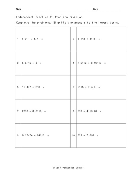 Fraction Division Worksheet