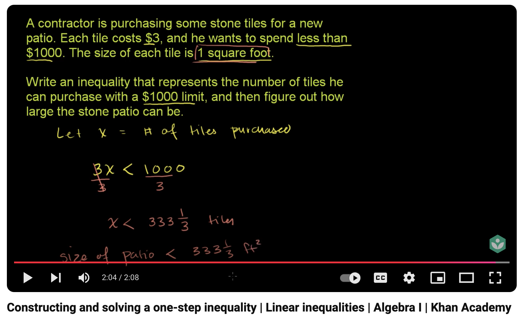 Constructing and Solving a One-Step Inequality, Linear Inequalities, Algebra I Instructional Video
