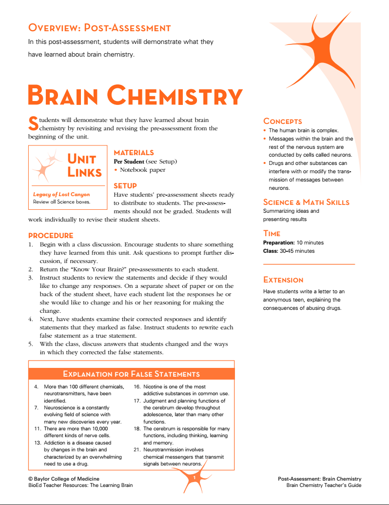 Post-Assessment: Brain Chemistry Lesson Plan