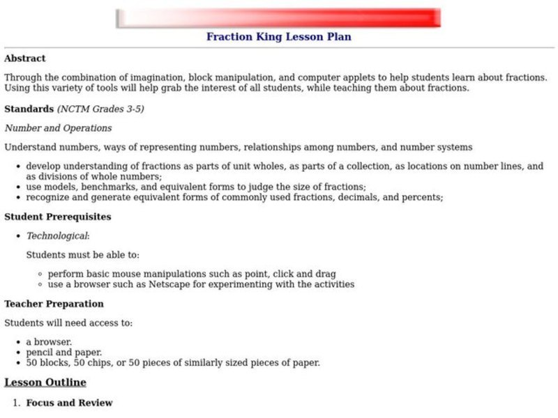 Fraction King Lesson Plan Lesson Plan