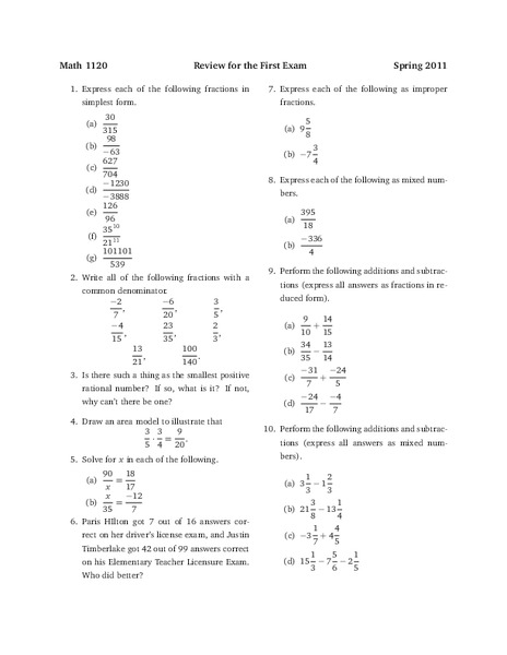 Fraction Review Worksheet