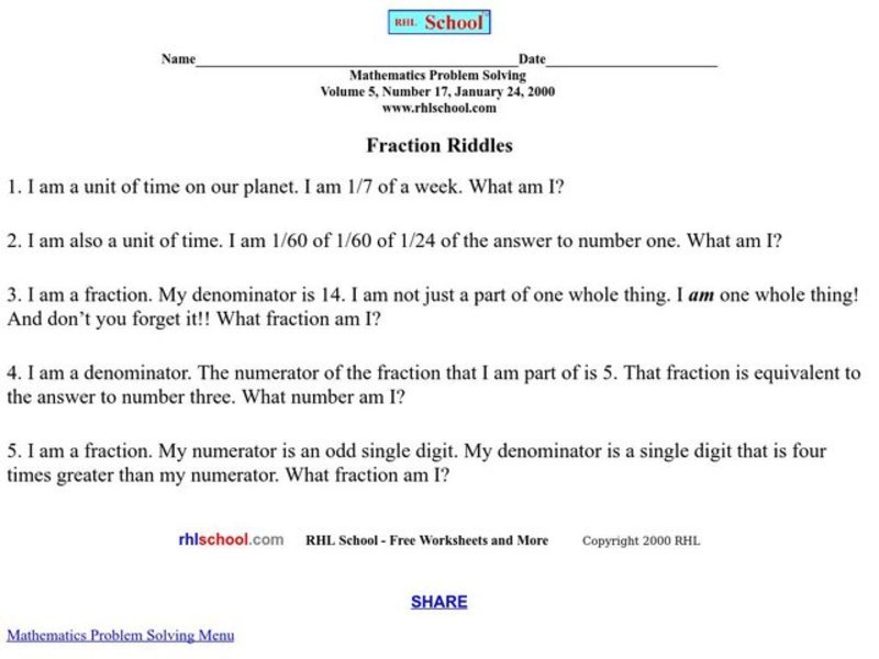 Fraction Riddles Worksheet