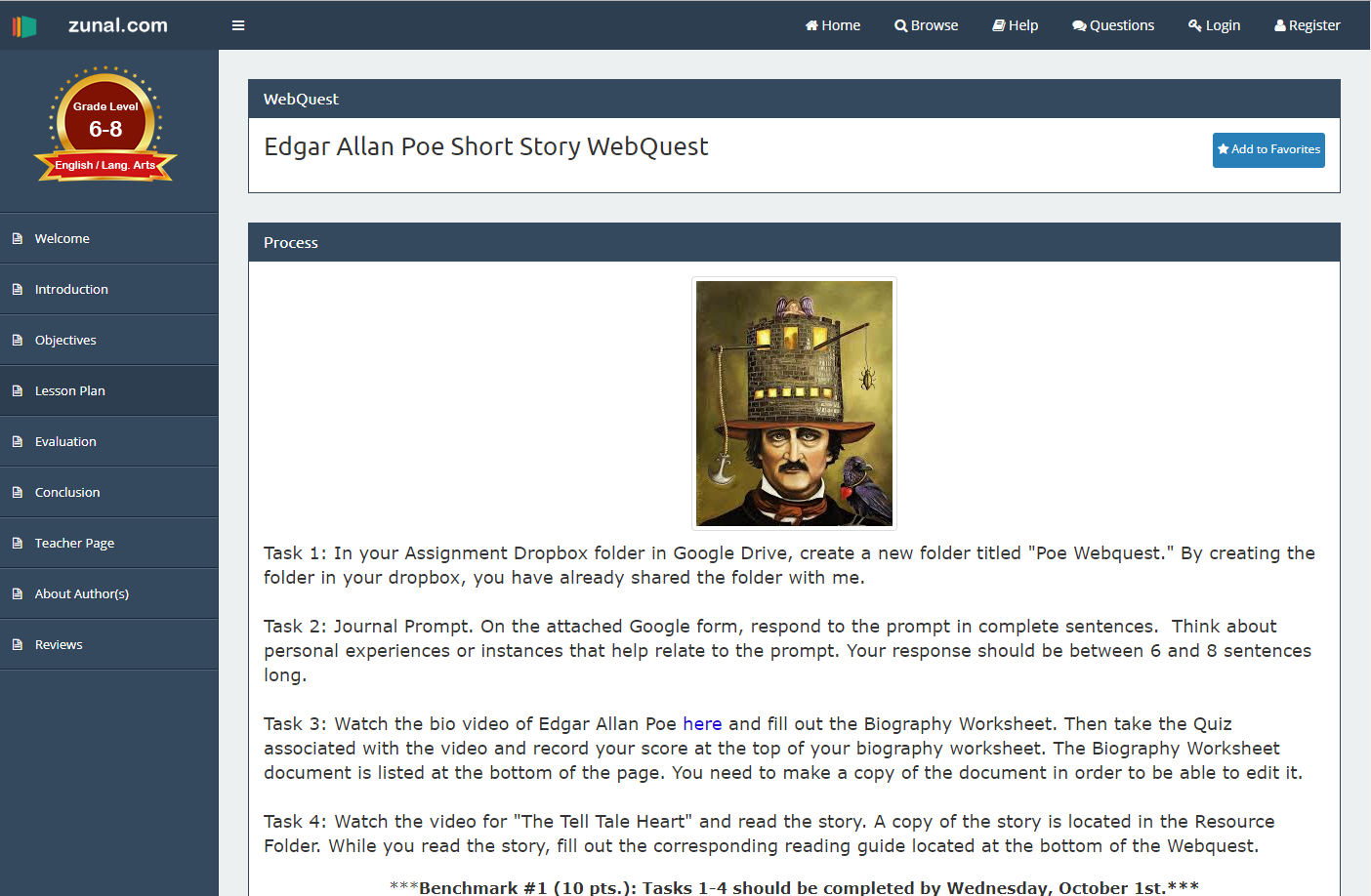 Edgar Allan Poe Short Story WebQuest Lesson Plan