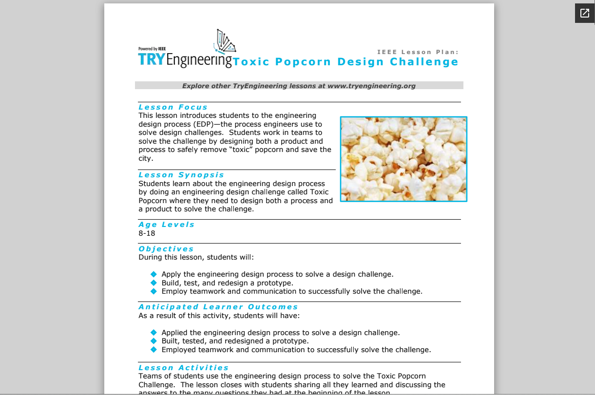 Toxic Popcorn Design Challenge Lesson Plan