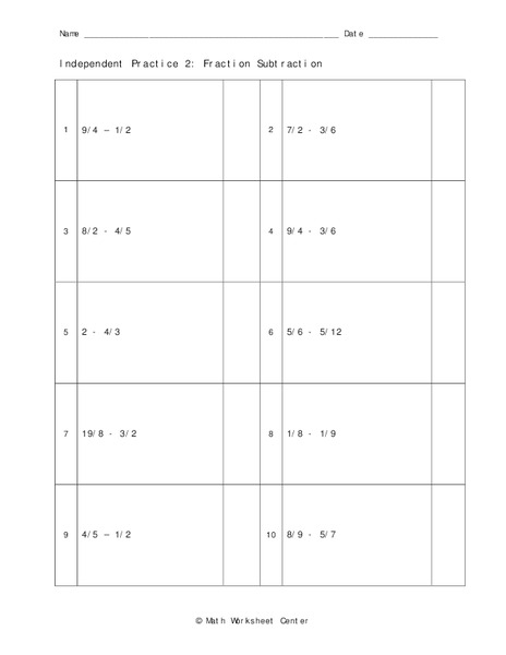 Fraction Subtraction Worksheet