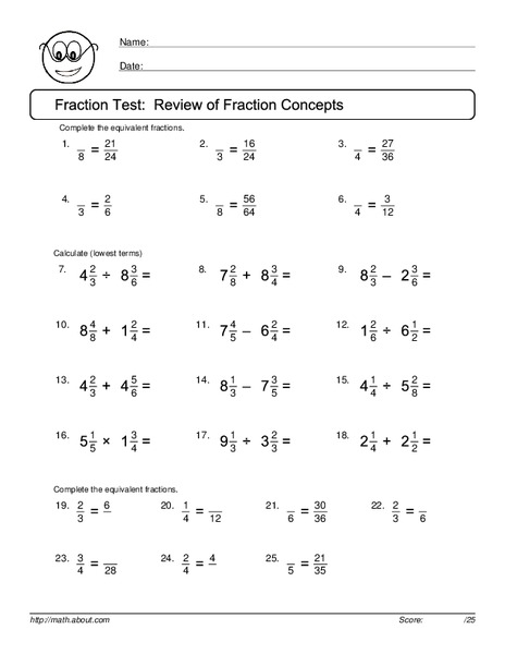 Fraction Test: Review of Fraction Concepts Worksheet