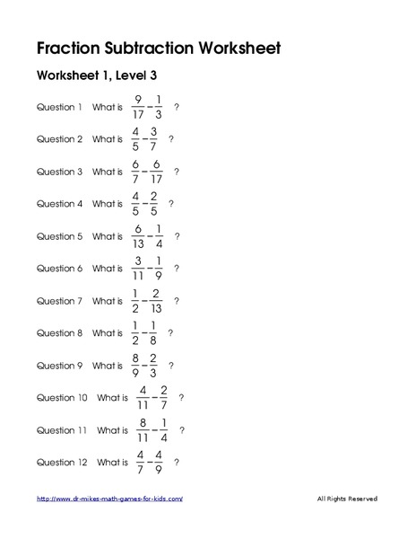 Fraction Subtraction Worksheet Worksheet