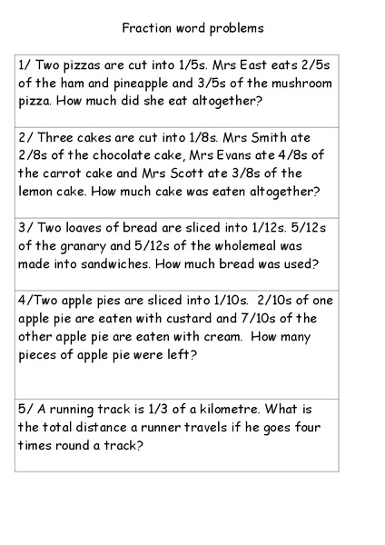 Fraction Word Problems Worksheet