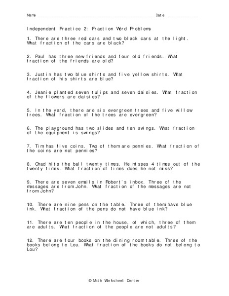 Fraction Word Problems Worksheet