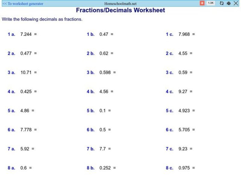 Fraction/ Decimal Worksheet 1 Worksheet