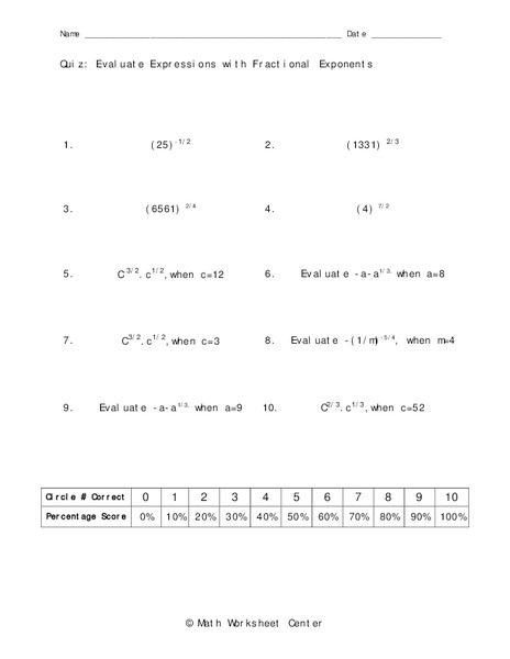 Fractional Exponents Worksheet