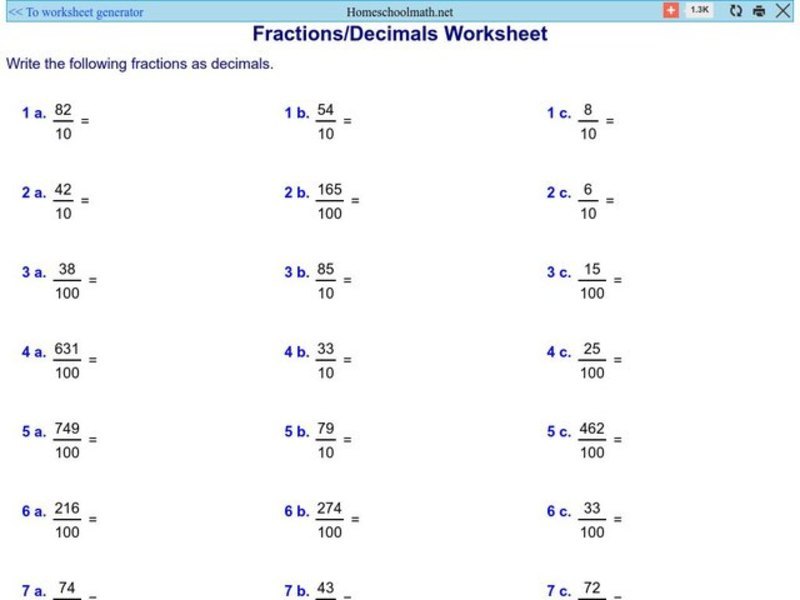 Fraction/ Decimal Worksheet 2 Worksheet