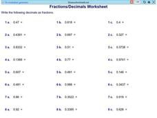 Fraction/ Decimal Worksheet 2 Worksheet