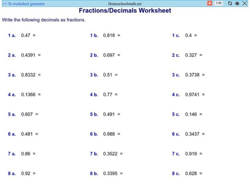 Fraction/ Decimal Worksheet 2 Worksheet