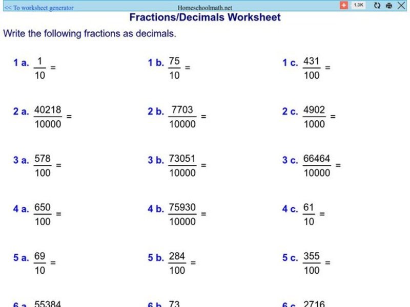 Fraction/Decimal Worksheet 1 Worksheet