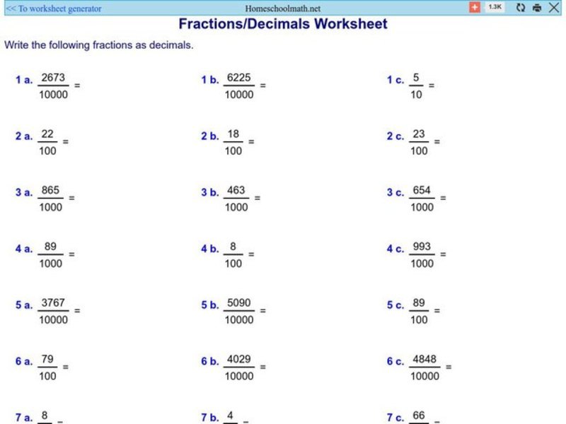 Fraction/ Decimal Worksheet 4 Worksheet