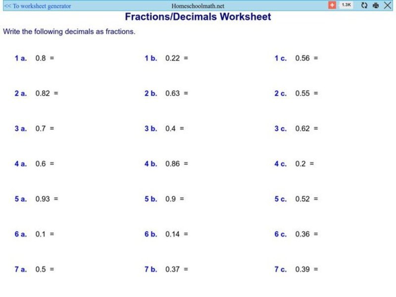 Fraction/ Decimal Worksheet 3 Worksheet