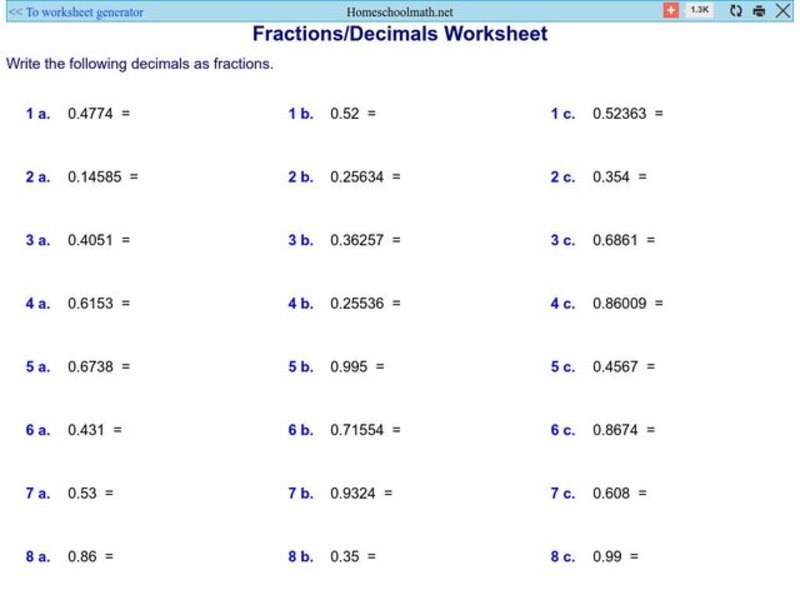 Fraction/Decimal Worksheet 1 Worksheet