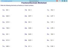 Fraction/ Decimal Worksheet 4 Worksheet