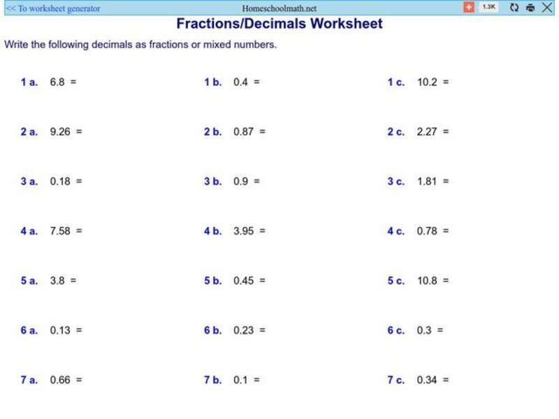 Fraction/ Decimal Worksheet 4 Worksheet