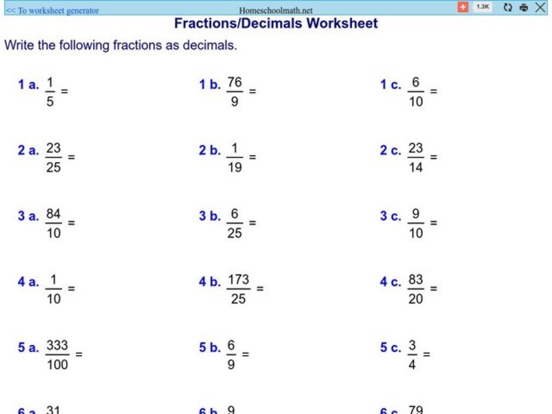 Fraction/Decimal Worksheet 1 Worksheet