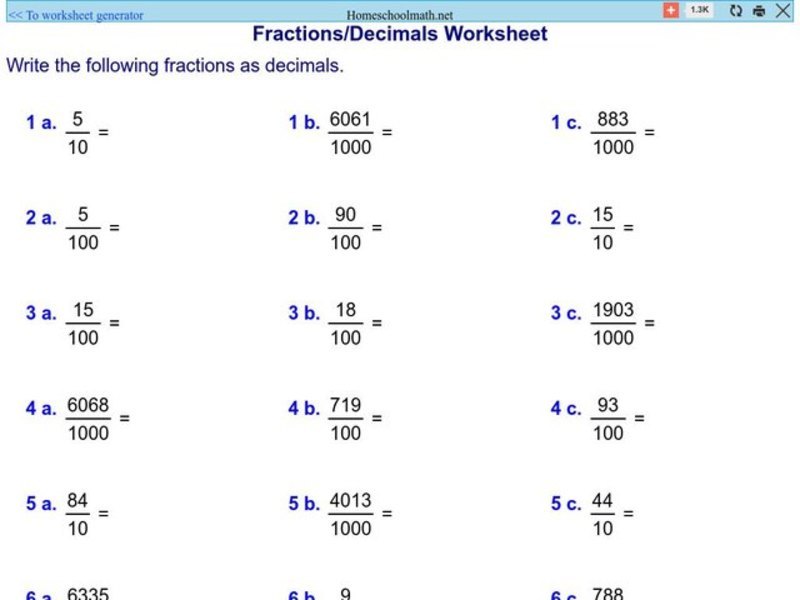 Fraction/Decimal Worksheet 1 Worksheet