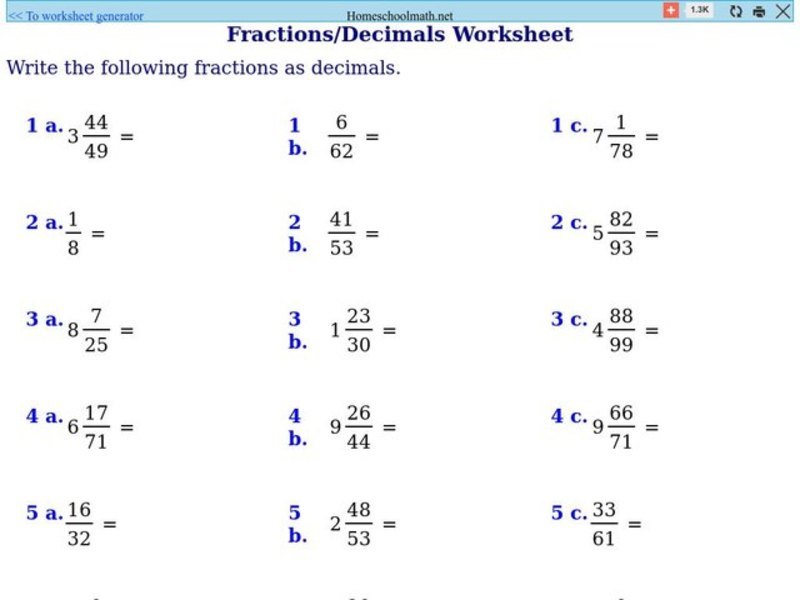 Fraction/Decimal Worksheet 1 Worksheet