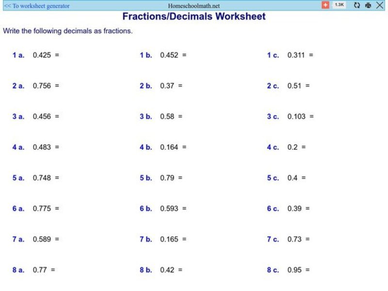 Fraction/Decimal Worksheet 1 Worksheet