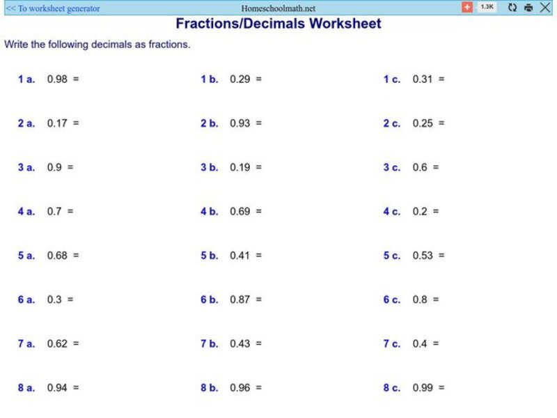 Fraction/Decimal Worksheet 1 Worksheet