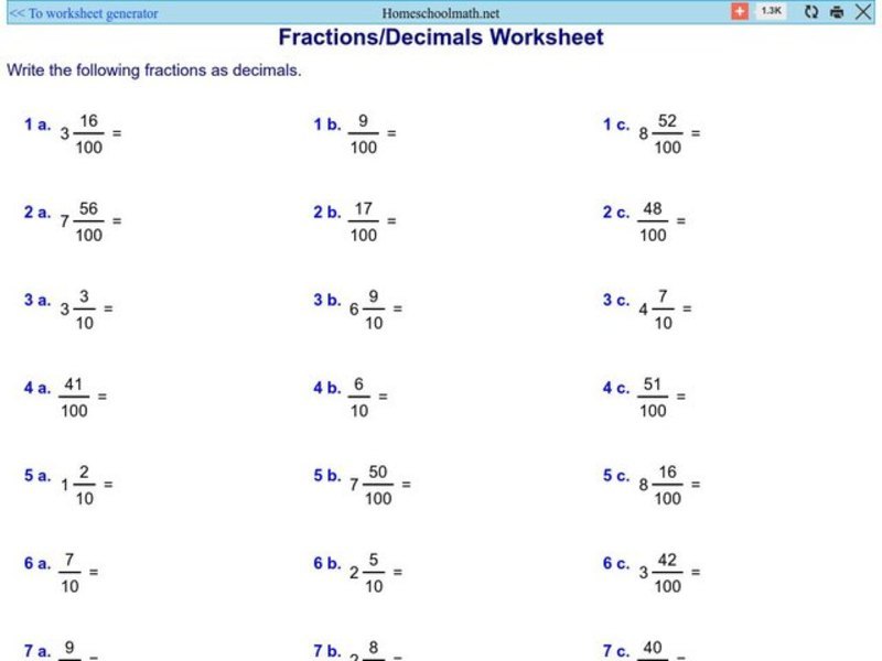 Fraction/ Decimal Worksheet 1 Worksheet