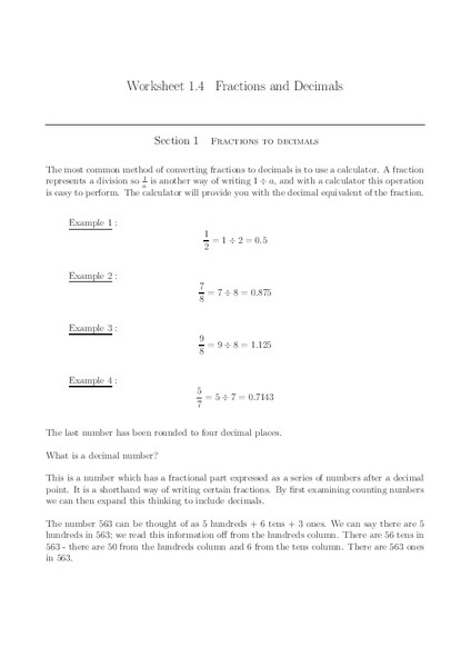Fractions and Decimals Worksheet
