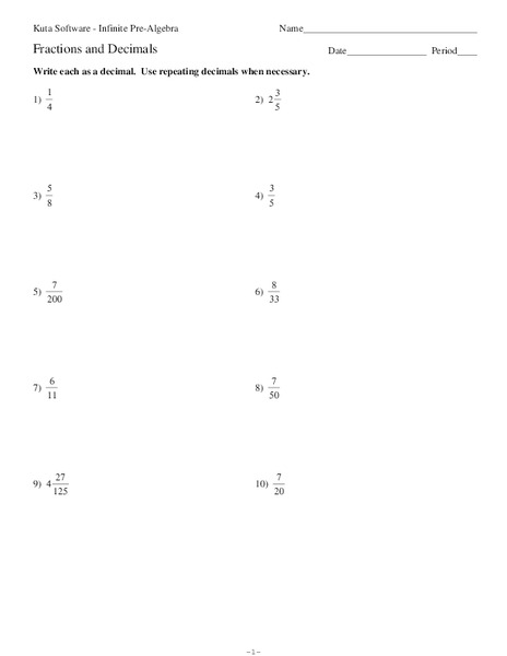 Fractions and Decimals Worksheet