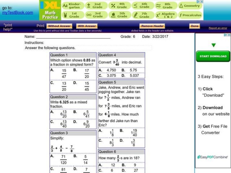 Fractions and decimals Worksheet
