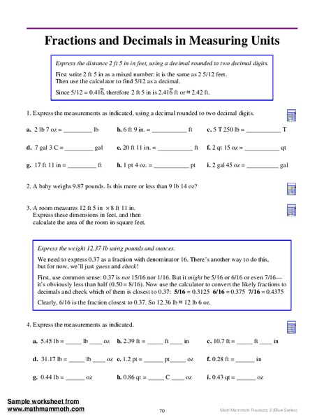 Fractions and Decimals in Measuring Units Worksheet