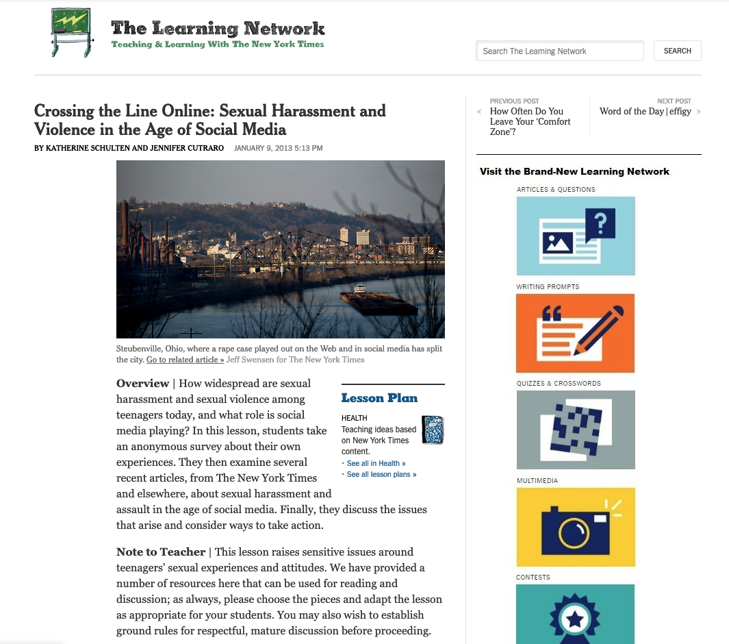 Crossing the Line Online: Sexual Harassment and Violence in the Age of Social Media - NYTimes.com Lesson Plan